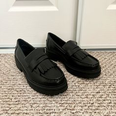 Brand New Loafers From Asos. Listing Because I Cannot Return Them And They Are Too Big For Me! They Say A Size Uk 5/Us 7 But They Fit More Like A Us 8.5/9. Brand New And Super Adorable! Black Tassel Loafers With Round Toe, Trendy Tassel Loafers With Round Toe For Fall, Casual Black Platform Loafers With Lug Sole, Casual Black Tassel Loafers With Round Toe, Casual Black Tassel Loafers With Closed Toe, Casual Black Tassel Loafers With Brogue Detailing, Black Platform Loafers With Brogue Detailing, Casual Black Flat Tassel Loafers, Black Casual Flat Tassel Loafers