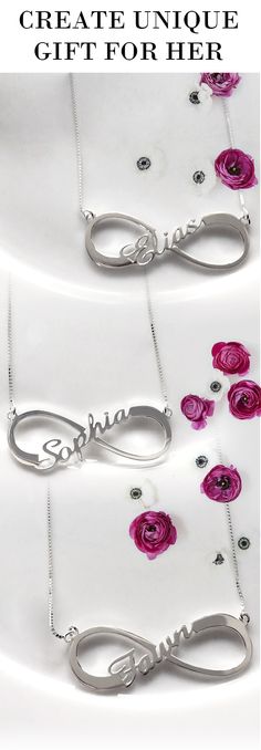 Our Personalized Single Infinity Name Necklace provides the best way for you to show off what the word "forever" means to you.  Design a Infinity necklace especially for her, Order from getnamenecklace Personalized Silver Necklace For Party, Personalized Silver Necklaces For Party, Trendy Infinity Jewelry Gift, Trendy Infinity Jewelry For Gift, Trendy Custom Name Necklace For Gift, Silver Necklaces For Mother's Day Party, Trendy Silver Necklaces For Birthday, Trendy Silver Necklace For Birthday, Trendy Personalized Name Necklace For Mother's Day