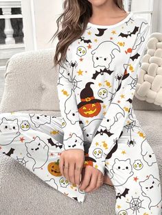 Halloween Fall Pumpkin Print Pajama Set - Soft Long Sleeve Crew Neck Top | eBay White Long Sleeve Sleepwear For Fall, Casual Long Sleeve Sleepwear For Fall, Casual Fitted Long Sleeve Sleepwear, Fitted Casual Long Sleeve Sleepwear, Casual Fitted Sleepwear For Fall, Casual Fitted Fall Sleepwear, Fitted Casual Sleepwear For Fall, Fall Crew Neck Sleepwear, Elastic Waistband Pants