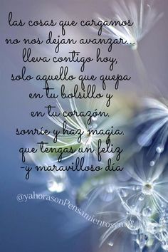 a quote written in spanish on a blue background with dandelions and water droplets