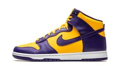 The Nike Dunk High “Lakers” is a colorway of the vintage basketball shoe that features the team uniform colors of the Los Angeles Lakers.  The two-tone, yellow-and-purple “Lakers” Dunk High was released ahead of the ‘22-23 NBA season in September 2022.  Sans official Lakers branding, the design nonetheless salutes the storied basketball team with its University Gold leather base with contrasting Court Purple leather overlays and Swoosh branding.  The “Nike” and Swoosh logos on the yellow nylon t Lakers Shoes, Sneakers Box, Kobe Shoes, Vintage Basketball, Preppy Shoes, Custom Nike Shoes, Nba Season, Nike Dunk High, Dunk High