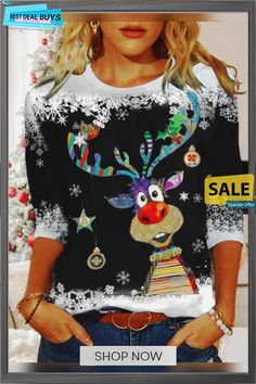 Women Christmas Snowflake Elk Holiday Long Sleeve Top Buy Tshirts, Women Christmas, Christmas Snowflakes, Color Pick, Holiday Activities, Christmas Women, Neck Pattern, Spring And Fall, Green And Brown