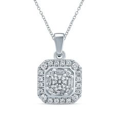 Glimmering with an intriguing array of diamonds, this striking pendant is designed to delight. Crafted in cool 10K white gold, this sparkling octagon-shaped look features round and baguette-cut diamonds in a glittering pattern. Two frames - one polished and one shimmering with round diamonds - border the style. Radiant with 1/4 ct. t.w. of diamonds and a bright polished shine, this charming pendant suspends along an 18.0-inch rope chain that secures with a spring-ring clasp. Diamond White Baguette Cut Diamond Necklace, White Emerald Cut Diamond Necklace With Accents, Luxury Diamond Necklace With Octagon Diamond Accents, Luxury Octagon Diamond Necklace With Diamond Accents, White Gold Rectangular Baguette Diamond Jewelry, Luxury Octagon Diamond Necklace With Accents, Rectangular White Gold Jewelry With Baguette Diamonds, Emerald Cut Diamond Necklace With Diamond Accents, Elegant Octagon Diamond Necklace With Single Cut Diamonds