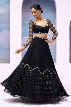 Black lehenga with cloud patch beaded and sequin embroidery. Comes with embroidered blouse and dupatta. - Aza Fashions Embroidered Beads, Lehenga Pattern, Black Lehenga, Embroidered Lehenga, Sequin Embroidery, Sequins Embroidery, Sheer Sleeves, Embroidered Blouse, Set For Women