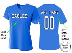 "Womens Jersey Sports-- personalized !! 100 % polyester Personalized Team Name, Text, Name & Number LADIES Jersey Tee (Mens or Youth Styles available- contact us!) All sizes available S - 2XL HOW TO SEND DETAILS: fill out \"personalized box\" at checkout or you can send us the below from in notes to seller at checkout or in a message: Jersey Color: Front Name: Back Name: Back Number: Main Print color for the name and number: Outline Print color: Font Style: Your # in case questions: SAMPLE O Cheap T-shirt With Number Print For Sports Events, Collegiate Sports Top With Custom Logo, Sporty Jersey With Name Print For Sports, Customizable Blue Tops For Sports Events, Blue Fan Apparel With Sublimation Design For Sports, Sports Jersey Tops With Name Print, Sports Tops With Name Print In Jersey, Sports Tops With Name Print In Jersey Material, Team-colored Sporty Sublimation Design With Name Print