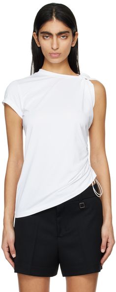 Stretch nylon jersey T-shirt. · Crewneck · Concealed bungee-style drawstring and ruching at side seam · Knotted detailing at shoulder · Logo hardware at back collar Supplier color: White Athletic Chic, Tshirt Knot, Jersey Shirt, White Shop, Jersey T Shirt, Smart Casual, Fashion Styles, Apparel Accessories, Knot