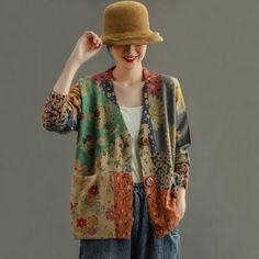 Women Retro Print Cardigan Coat Bohemian V-neck Cardigan With Floral Print, Casual Multicolor V-neck Cardigan, Green Cotton V-neck Outerwear, Multicolor V-neck Outerwear For Fall, Fall V-neck Patchwork Outerwear, Bohemian V-neck Cardigan For Fall, Multicolor Patchwork V-neck Outerwear, Casual V-neck Outerwear With Floral Print, Multicolor V-neck Outerwear For Layering