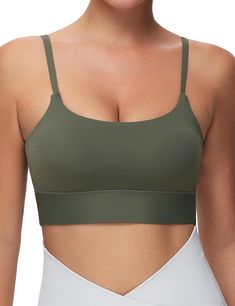 PRICES MAY VARY. High Stretch Fabric: 80% polyamide, 20% spandex. This Sports Bras is made of high stretch fabric, soft, skin-friendly and moisture-wicking. Light Support & Removable Pads: Designed with low-strength support, ideal for light exercise. The Yoga Bras has built-in removable bra pads for easy washing. Adjustable Spaghetti Straps: The Workout Crop Tops is designed with spaghetti straps, easily adjustable to the perfect length for you. Scoop Neck: The Sports Bras features scoop neck an Green Sports Bra With Built-in Padding For Pilates, Solid Nylon Sports Bra With Built-in Bra, Green Sports Bra With Built-in Padding For Gym, Compressive Green Activewear With Built-in Bra, Green Activewear With Built-in Padding For Gym, Solid Color Compression Sports Bra In Seamless Fabric, Micro-elastic Nylon Activewear With Built-in Padding, Breathable Elastane Sports Bra For Pilates, Green Nylon Activewear For Pilates