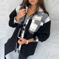 Women Autumn Casual Lapel Long Sleeve Jacket Fashion Plush Patchwork Plaid Print Coat Ladies Commuter Loose Pocket Button Jacket Plaid Patchwork Button-up Outerwear, Plaid Patchwork Outerwear For Fall, Fall Patchwork Outerwear With Lapel Collar, Fall Plaid Patchwork Outerwear, Winter Outerwear With Patchwork And Lapel Collar, Winter Patchwork Outerwear With Lapel Collar, White Patchwork Outerwear For Work, Black Patchwork Button-up Outerwear, Plaid Print Coat