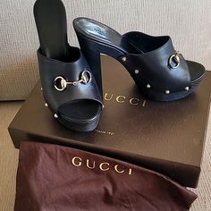 Horse Bit Black Gucci Mules. 5 Inch Heel Size 39+ Euro Equates To An 8 In Us. Shoes Run Rather Small. Designer Formal Heels With Horsebit Detail, Luxury Black Heels With Horsebit Detail, Designer Heels With Horsebit Detail And Round Toe, Gucci Black Heels With Horsebit Detail, High Heel Clogs, Shoes Gucci, Horse Bits, 5 Inch Heels, Gucci Mules