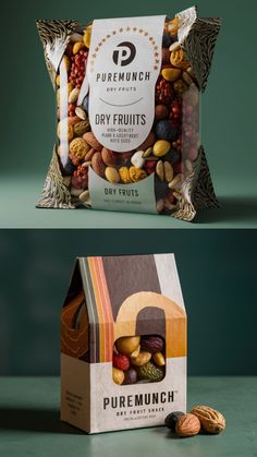 two bags of nuts on top of each other, with the packaging in front of them