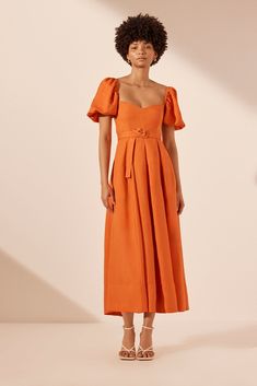 Puff sleeve bustier midi dress with belt in a premium linen blend. Orange Puff Sleeve Dress, Ladies Wear Dresses, Tangerine Dress, Bustier Midi Dress, Shona Joy, Studio Photoshoot, Panel Dress, Maxi Dress Online, Midi Length Skirts