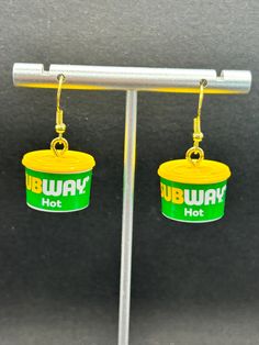 These scrumptious subway soup cup earrings are a must have for any earring collector  Each subway soup to go cup dangles from a hypoallergenic hook  Very lightweight  Each soup cup to go is approximately 1/2 x 1/2 inch  Please note these are not real food Funky Earrings Vintage, Wacky Earrings, Crazy Earrings, To Go Cup, Food Soup, Alt Clothing, Ears Pierced, Soup Cup, Chanel Art