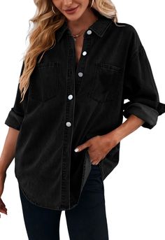 PRICES MAY VARY. Materials: This oversized jean shirts are made of lightweight and comfortable cotton and polyester, a classic denim shirt is a must-have for you. Can also be used as a swimsuit cover-up or sun protection clothing. Features: Long sleeve denim shirts for women, the jean tops is design with button down, lapel collar, functional pockets, relaxed fit style and rolled up design, provide you all day comfort while looking stylish. Occasions: Great season transition denim outerwear, suit Shirts With Black Jeans, Black Button Up Outfit, Black And Denim Outfits, Denim Shirts For Women, Denim Shirt Outfit Women, Black Denim Shirt, Denim Shirt Outfit, Oversized Jean Jacket, Jean Shirt