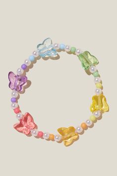 multicolored bracelet with butterfly charms and pearls