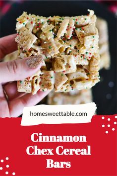 a hand holding up a cinnamon chex cereal bars with sprinkles on top