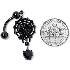 Black Gem Black Spiderweb Halloween Reversible Dangle Belly Ring If you're ready to get into the spirit of Halloween then you will love this 14 gauge navel jewelry with scary style! Made with a 3/8" black plated over 316L surgical grade stainless steel curved barbell, this reversible navel ring features a spiderweb dangle charm with a black gem spider as well as a black gem heart dangle charm that is perfect for trick or treating or a gothic ball.Specifications14 Gauge (1.6mm), 3/8" (10mm), Blac Spooky Black Jewelry For Halloween, Edgy Black Body Jewelry For Gifts, Edgy Halloween Jewelry, Edgy Black Body Jewelry For Gift, Spooky Black Halloween Jewelry, Emo Pierced Jewelry For Halloween, Black Internally Threaded Belly Ring, Black Dangle Emo Jewelry, Spooky Adjustable Black Jewelry