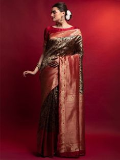 Marvelous Red And Black Heavy Zari Weaving Silk Wedding Wear Saree Red Heavy Saree, Festival Saree, Heavy Saree, Boatneck Blouse, Saree In Black, Red Sari, Silk Banarasi Saree, Saree Banarasi, Designer Silk Sarees