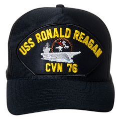 PRICES MAY VARY. Made in the USA Navy blue baseball cap featuring the emblem patch of the United States Navy USS Ronald Reagan CVN-76 Supercarrier ship; ideal for displaying pride in military service or as a collector's item for enthusiasts of naval history. Royalties support the US Military Morale Wellness & Recreation (MWR) programs Six Panel Structured Design One Size Fits Most with Adjustable Strap This military cap features a high quality embroidered patch on a full wrap six panel structure Uss Ronald Reagan, Blue Baseball Cap, Usa Navy, Emblem Design, Military Cap, Military Support, Naval History, Structured Design, Patch Hat