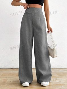 Style:Casual \nDetails:Zipper \nClosure Type:Zipper Fly \nColor:Grey \nPattern Type:Plain \nType:Wide Leg \nWaist Line:High Waist \nLength:Extra Long \nFit Type:Loose \nFabric:Non-Stretch \nMaterial:Fabric \nComposition:100% Polyester \nCare Instructions:Machine wash, do not dry clean \nTemperature:Spring/Fall (18-25℃/63-77℉) \nBody:Unlined \nSheer:No \n High Waisted Wide Leg Pants, Women Pants, Women's Casual, Extra Long, Leg Pants, Wide Leg Pants, Casual Women, Style Casual, High Waist