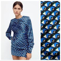 Nwot. Zara Bluish Geometric Print Mini Dress With Round Neckline, Long Sleeves, Pleat Detail And Back Opening, Button Closure At Collar. Size M. Ref. 8912/599. Pit To Pit 14" Flat, Shoulders 15", Sleeves 27", Waist 13,5", Length 33". 1072. Blue Printed Party Dress, Blue Printed Dresses For Party, Blue Printed Mini Dress For Party, Asymmetrical Fitted Printed Dresses, Spring Mini Dress With Geometric Pattern, Printed Mini Dress For Fall Party, Fitted Printed Dress With Asymmetrical Hem, Fall Printed Mini Dress For Party, Chic Printed Cocktail Dresses