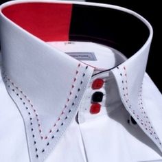 Morcouture White Red Black Stitch High Collar Shirt. 100% Cotton, Alternating Red And Black Square Buttons, French Cuffs, Hidden Button Down Collar. Shirt Is Full Regular Fit. 50s Men, Mens High Collar Shirts, Mens Shirt Details, High Collar Shirts, Black Stitch, Collard Shirt, Tactical Jacket, Fairytale Fashion, Men Stylish Dress