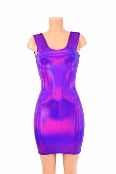 Holographic Grape Purple Metallic Bodycon Clubwear Dress with Tank Style Neckline - 150246 Metallic Sleeveless Bodycon Dress, Purple Sleeveless Bodycon Dress For Club, Fitted Shiny Metallic Mini Dress, Shiny Sleeveless Fitted Mini Dress, Shiny Sleeveless Fitted Bodycon Dress, Purple Bodycon Dress For Club, Fitted Purple Bodycon Dress For Summer, Shiny Fitted Mini Bodycon Dress, Iridescent Fitted Mini Dress