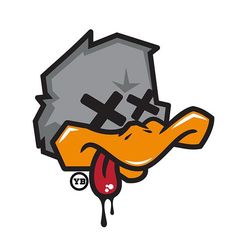 an image of a cartoon duck with a hammer on it's head and blood dripping from its mouth