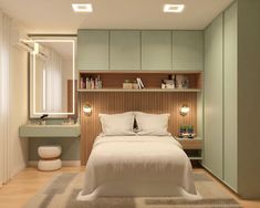 a bed sitting in a bedroom next to a wooden shelf filled with books and other items