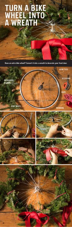 the instructions for how to make a bicycle wheel wreath with ribbons and bows on it