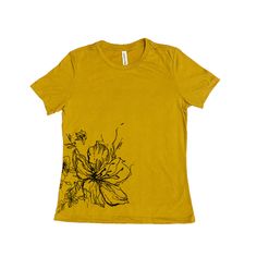 Flower Shirt, Womens Tshirt, Nature Shirt, Summer Shirt, Screenprint Shirt, Camping Shirt, Birthday Gift, Graphic Tee With a body flattering silhouette this silky womens t shirt features a crew neck and short sleeves this effortlessly stylish shirt is part of our relaxed collection. This ultra soft t shirt feels luxurious against the skin.  Fabrication: Triblend: 50% poly, 25% Airlume combed and ring-spun cotton, 25% rayon. How to order: Sizing: Before ordering PLEASE CHECK our size/color chart Yellow Short Sleeve T-shirt With Screen Print, Yellow Short Sleeve Top With Sublimation Print, Yellow Sublimation Print Crew Neck Shirt, Casual Printed Tops For Gifting, Casual Printed Tops For Gifts, Yellow Crew Neck Shirt With Sublimation Print, Summer T-shirt With Sublimation Print For Gift, Printed Summer Tops As A Gift, Yellow Printed Crew Neck Shirt