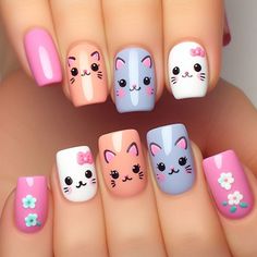 Pet Nail Designs, Kitty Nails Design, Kitten Nails, Nail Designs For Kids, Cat Nails Design, Baby Nail Art, Cat Nail Designs, Cat Nail Art, Nail Art Designs Images