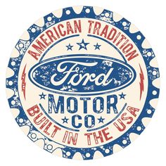 an american traditional ford motor co sticker on a white background with blue and red lettering