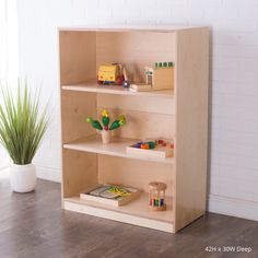 a wooden shelf with toys on it in a room