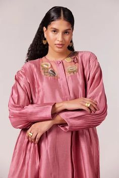 Shop for FEBo6 Pink Chanderi Pleated Dress for Women Online at Aza Fashions Silk Kurta With Embroidered Neckline And Long Sleeves, Designer Embroidered Raw Silk Dress, Designer Embroidered Dress In Raw Silk, Spring Embellished Long Sleeve Kurta, Pink Long Sleeve Embroidered Dress For Eid, Long Sleeve Cotton Silk Designer Dress, Designer Long Sleeve Cotton Silk Dress, Long Sleeve Cotton Silk Dress For Festive Occasions, Long Sleeve Cotton Silk Dress