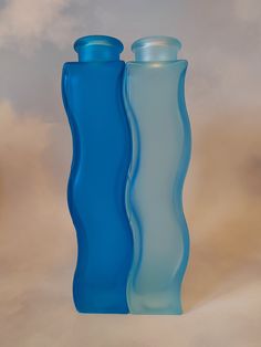 two blue vases sitting next to each other in front of a cloudy sky with clouds