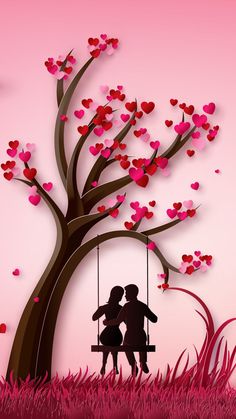 two people sitting on a swing in front of a tree with hearts flying from it