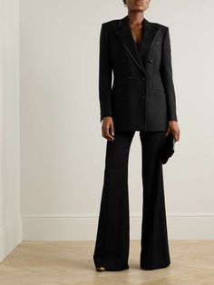 TOM FORD Double-breasted silk-trimmed wool, mohair and silk-blend blazer | NET-A-PORTER Tom Ford Outfit, Black Silk Suit, Female Suit, Woman Suit, Summer Style Guide, Flat Dress Shoes, Floral Dresses Short, Dress Flats, Silk Suit