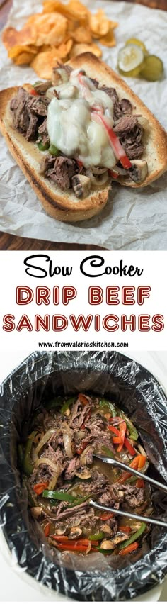 this slow cooker is filled with beef, peppers and onions for sandwich sandwiches that are ready to be eaten