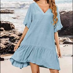 New Womens Swimsuit Coverup, Summer Dress, Sexy V Neck Bathing Suit Cover Up - M Length Is Approximately 34.5” Loose-Fitting Pullover Style Fast Drying Fabric Light Blue Solid Color V-neck Dress, Solid V-neck Beach Cover-up Dress, Solid Color Beach Dress For Spring, Fitted V-neck Mini Dress For Beach Cover-up, Casual Blue V-neck Beach Dress, Solid Mini Dress For Beach Season Vacation, Solid Mini Dress For Beach Vacation, Solid Color Beachwear Dresses For Day Out, Solid Mini Dress For Vacation Beach Season