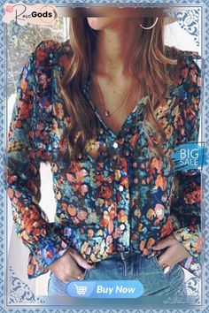 Loosen V Neck Boho Long Sleeve Blouse Printed Blouse For Day Out In Fall, Printed Blouse For Fall Day Out, Printed Blouse For Fall Vacation, Multicolor Blouse For Vacation, Long Sleeve Tops With Floral Print For Beach, Long Sleeve Floral Print Tops For The Beach, Long Sleeve Floral Print Top For Beach, Long Sleeve Beach Tops With Floral Print, Fall Vacation Button-up Blouse