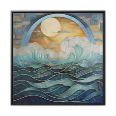 a painting with waves and the sun in it's center, as well as an ocean scene