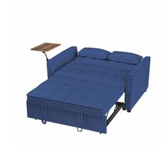 a sofa bed with pull out table and storage compartment on the bottom side, in blue upholstered fabric