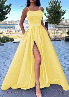 A Line Square Neckline Spaghetti Straps Long Floor Length Satin Prom Dress Outfits For Women With Split Pockets Yellow A-line Prom Dress, Yellow A-line Maxi Dress For Wedding, Yellow Gown With Fitted Bodice Sleeveless, Yellow Sleeveless Gown With Fitted Bodice, Yellow Prom Dress With Sweep Train, Yellow Floor-length Dress With Sweep Train, Yellow Spring Prom Gown, Prom Dress Gold, Sweep Train Prom Dress