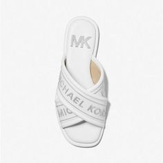 Brand New W/Box Comes From A Smoke & Pet Free Home *Firm On Price* White Synthetic Sandals Medium Width, White Sandals With Medium Width And Flat Heel, White Medium Width Synthetic Sandals, White Sandals With Medium Width, Leather Slide Sandals, Leather Slides, Michael Kors Shoes, White Silver, Slide Sandals