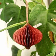 a red origami flower hanging from a green plant