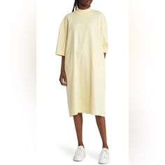 This Classic T-Shirt Dress Is Made From Supersoft Cotton Jersey With Dropped Shoulders And A Roomy Fit For A Clean, Modern Style That's Easy To Move In. 42 1/2" Length Mock Neck Elbow-Length Sleeves 100% Cotton Relaxed Fit Crew Neck T-shirt Dress For Spring, Spring Loungewear Dress With Crew Neck, Oversized Crew Neck T-shirt Dress For Spring, Spring Loungewear T-shirt Dress, Spring Crew Neck T-shirt Dress With Relaxed Fit, Relaxed Fit T-shirt Dress With Crew Neck For Spring, Knee-length Cotton T-shirt Dress For Spring, Cotton Knee-length T-shirt Dress For Spring, Spring Cotton T-shirt Dress, Knee-length