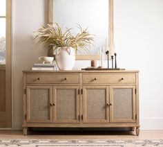 Sausalito Cane Buffet | Pottery Barn Meranti Wood, Sideboard Decor, Buffet Decor, Dining Room Buffet, Buffet Tables, China Cabinets, Buffet Cabinet, Kiln Dried Wood, Pottery Barn Teen