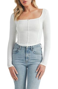 A corseted silhouette makes this ribbed square-neck top ideal for date night. 19" length (size Medium) Square neck Long sleeves 65% polyester, 28% rayon, 7% elastane Hand wash, dry flat Imported Fitted Crop Top With Straight Neckline For Spring, Spring Ribbed Crop Top With Square Neck, Stretch Tops With Straight Neckline In Elastane, Fitted Tops With Straight Neckline, Casual Fitted Top With Straight Neckline, Fitted Casual Tops With Straight Neckline, Casual Fitted Tops With Straight Neckline, Casual Tops With Straight Neckline And Fitted Style, Fitted Ribbed Top With Square Neck