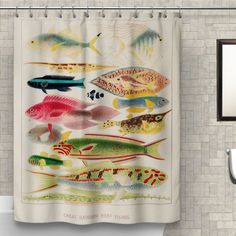 a shower curtain with colorful fish on it